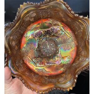 Vintage Iridescent Marigold Carnival Glass Panther Butterfly Berry 3 Footed Bowl